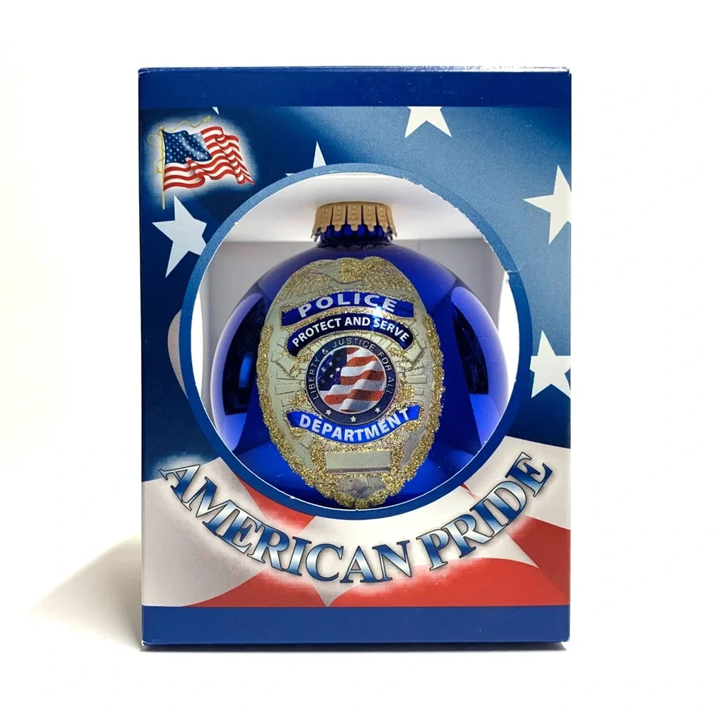 Police Badge Christmas Ornament Protect & Serve Blue Glass Patriotic NIB